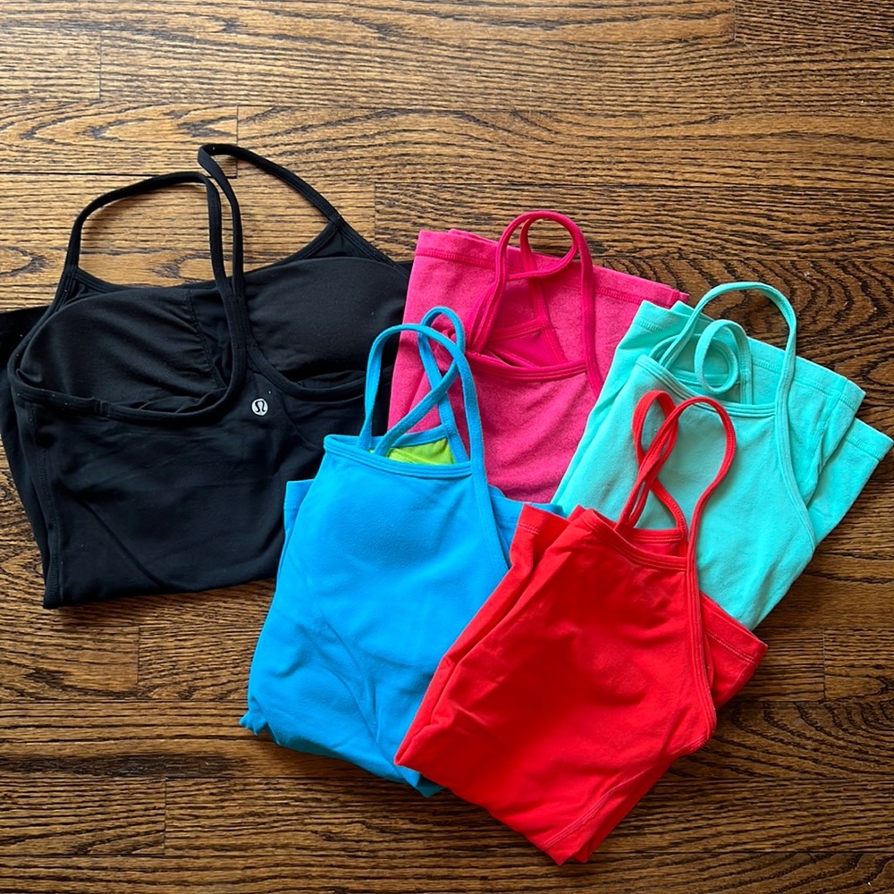 Lululemon 5 Tank Bundle w/built in Bra. Pink, blue, black, bright red, green.
